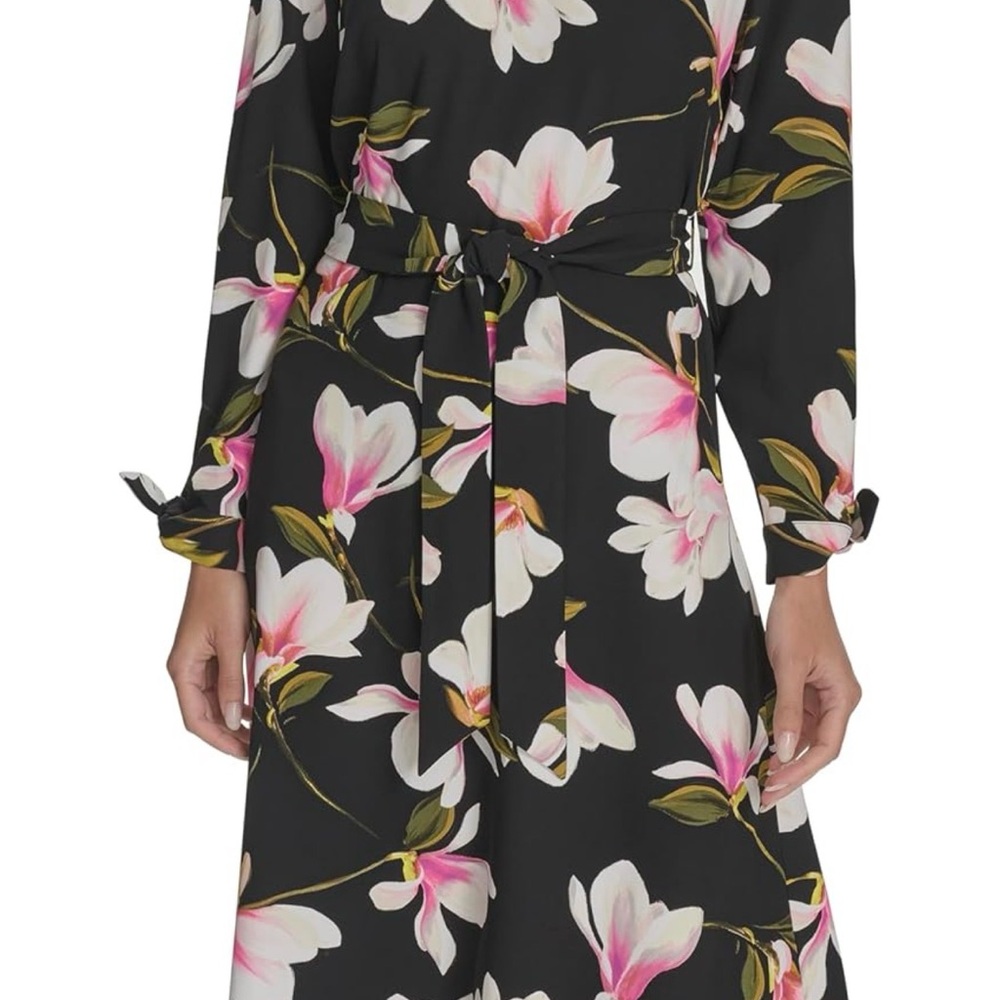 Halston Heritage Black Floral Tie-Waist Midi Dress